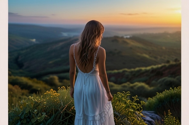 Foto una donna serena che si affaccia su un paesaggio vibrante al tramonto