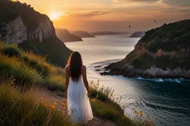 Foto una donna serena che si affaccia su un paesaggio vibrante al tramonto