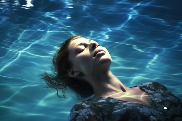 A serene woman peacefully floats in the water her face reflecting tranquility