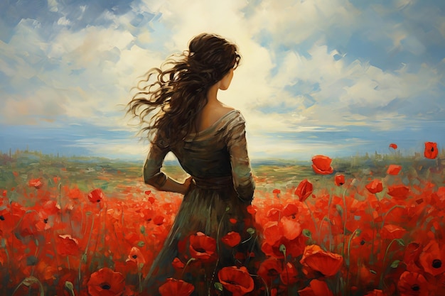 Serene woman in poppy field at sunset