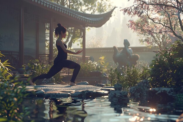 Foto donna serena che pratica il qigong in un giardino