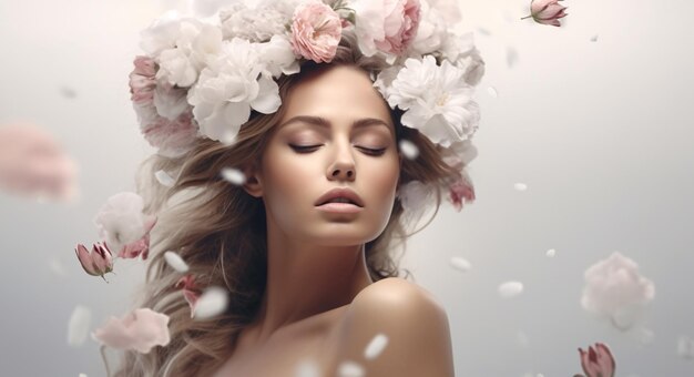 Serene Woman Surrounded by Blossoms in Ethereal Setting Generative AI