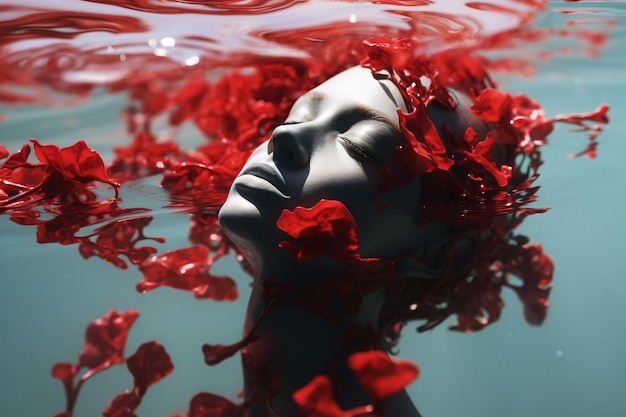 Безмятежная женщина в окружении ярких красных цветов, плавающих в спокойных водах Генеративный ИИ