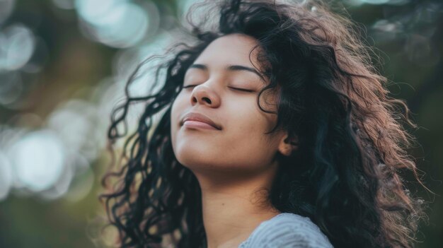 Serene woman with eyes closed feeling the breeze outdoors