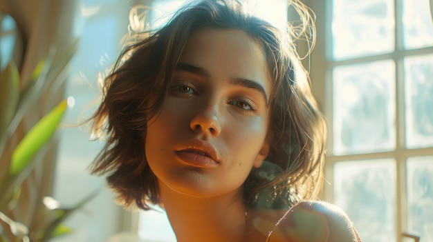 Photo serene woman with freckles in gentle light