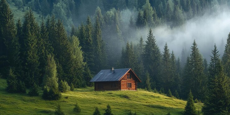 A serene wooden cabin nestled in a misty forest landscape