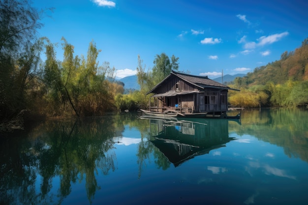 Serene wooden house on the banks of the river generative IA