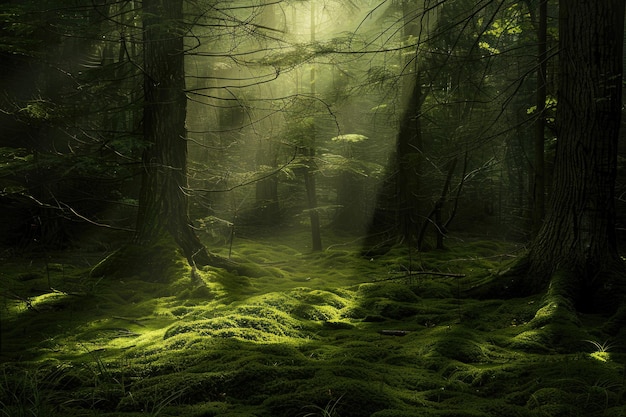 Спокойная лесная сцена с солнечным светом, проникающим через деревья на покрытый мохом лесной пол