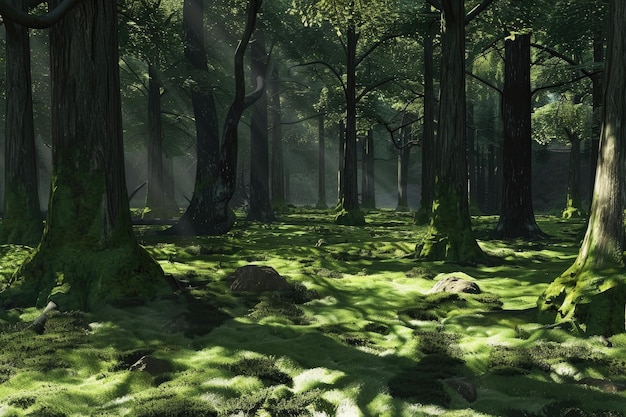 A serene woodland scene with sunlight filtering through the trees onto a mosscovered forest floor