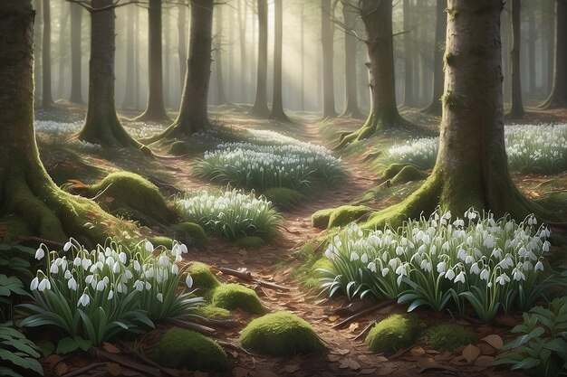 Serene Woodland Snowdrops Emerging from Forest Floor Illustration