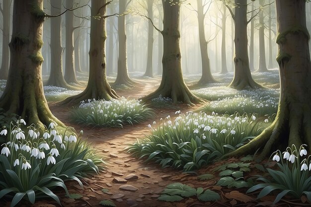 Serene Woodland Snowdrops Emerging from Forest Floor Illustration