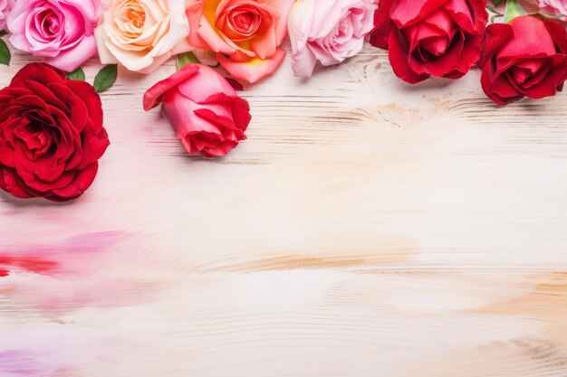 Photo serene workspace watercolor painting of pink and red roses on white wooden background