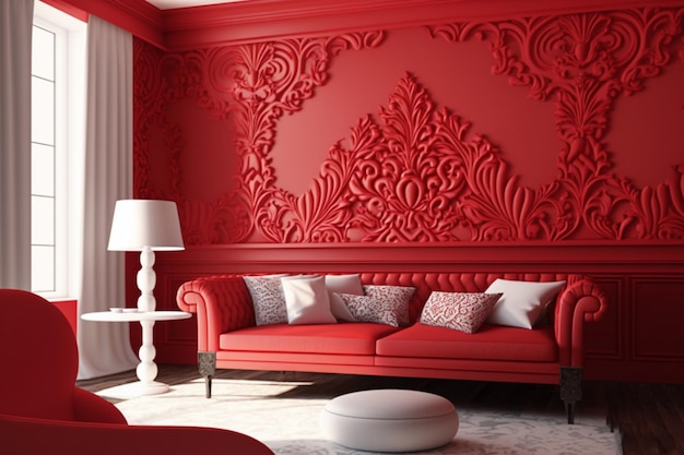 赤いパントンの装飾と快適な家具を備えた落ち着いたワークスペース