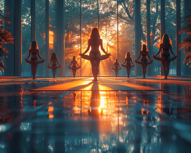 Photo serene yoga class in session at a sunlit wellness center