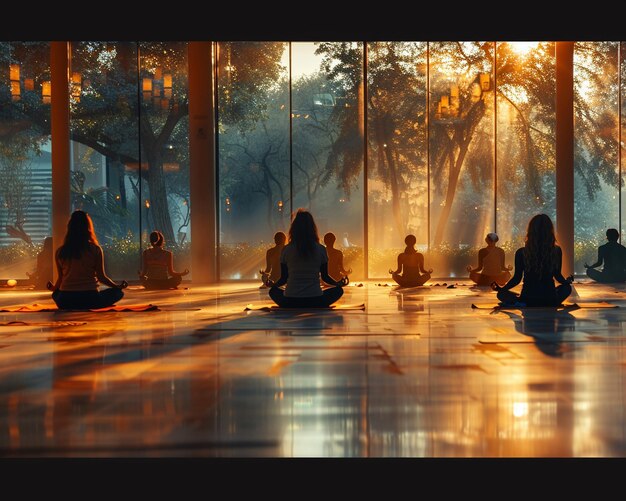 Serene yoga class in session at a sunlit wellness center