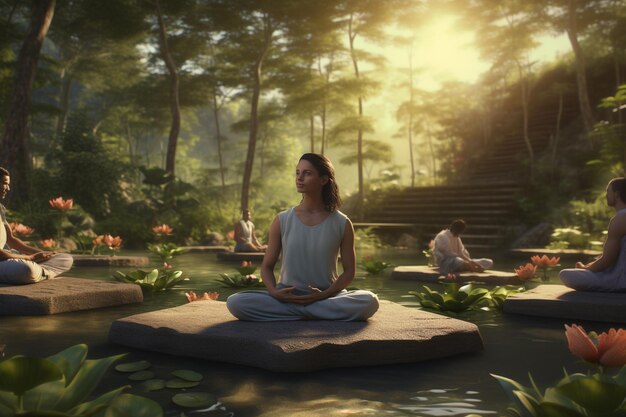 A serene yoga instructor leading a group of practi 00465 02