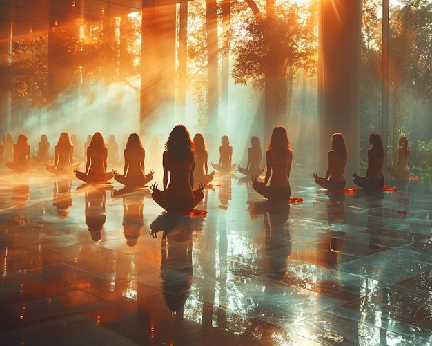 Foto serene yoga les in een zonnelicht wellnesscentrum