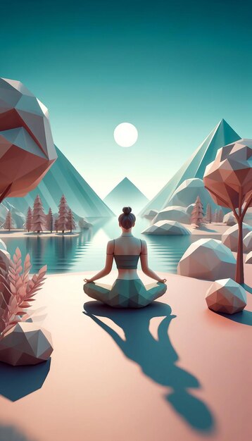 Serene Yoga Practice in LowPoly Style Landscape