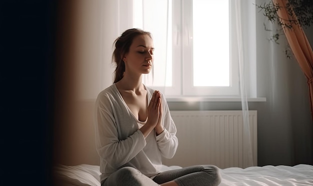 Serene yoga practitioner at home surrounded by natural light Creating using generative AI tools