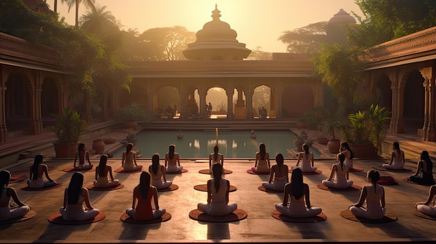 A serene yoga session in a temple courtyard ultra realistic