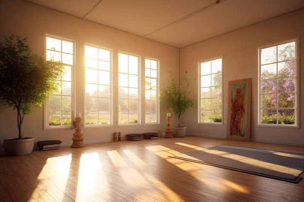 Serene yoga studio met zonlicht streaming in gemaakt met generatieve ai