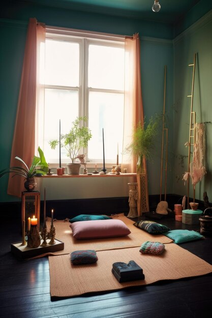 Premium AI Image | Serene yoga studio setup with mats candles and ...