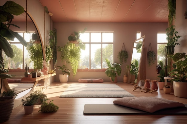 Yoga studio designed with aloe vera elements, featuring natural materials,  soft lighting, and a serene ambiance that encourages mindfulness and  holistic well-being. Generative Ai 30592277 Stock Photo at Vecteezy