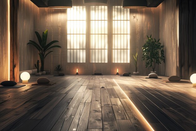serene yoga studio with soft lighting for peaceful meditation