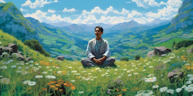 A serene yogi sitting crosslegged on a mountain peak surrounded by lush green meadows and colorful blooming flowers Generative ai