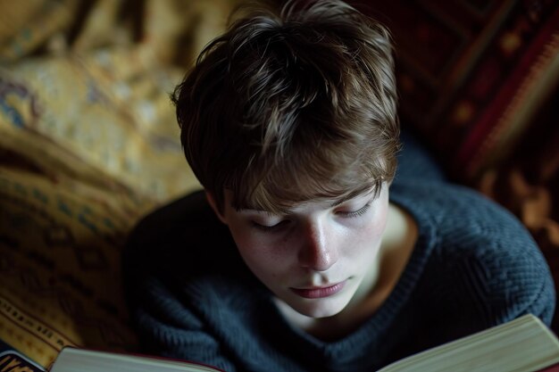 Спокойный молодой взрослый, погруженный в чтение книги с мягким освещением, подчеркивающим лицо, изображающее момент обучения и расслабления