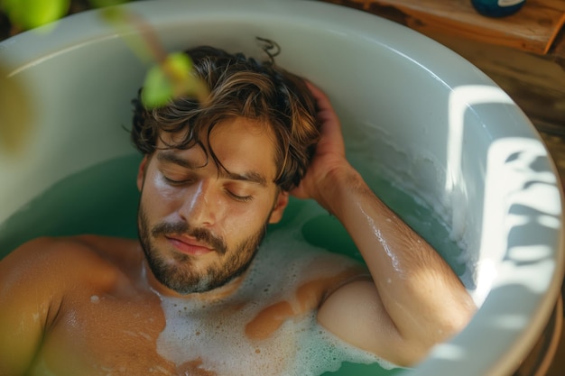 Photo serene young man soaking in a warm bubbly epsom salt bath surrounded by natural light