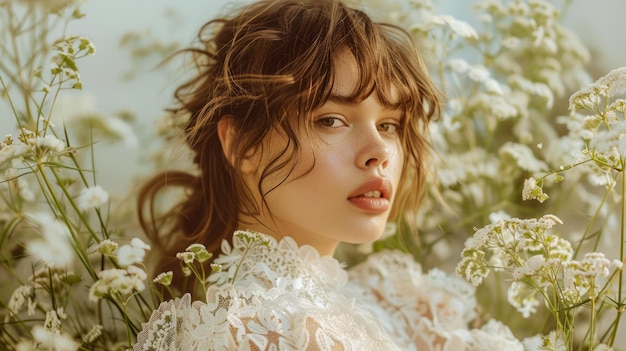 Serene Young Woman amidst Blossoming Flowers in Ethereal Light with Dreamy Gaze