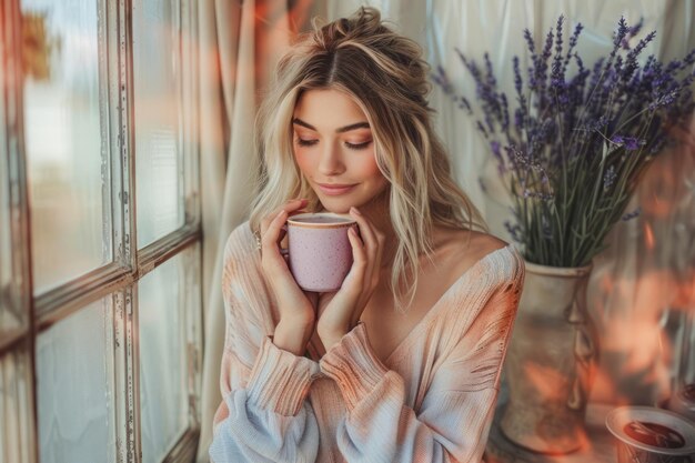 Serene Young Woman Enjoying a Warm Cup of Coffee by the Window in Soft Morning Light