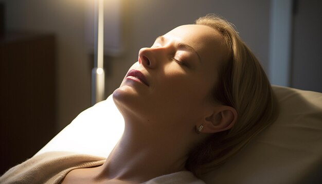 Serene young woman enjoys tranquil indoor relaxation on comfortable bed generated by artificial intelligence