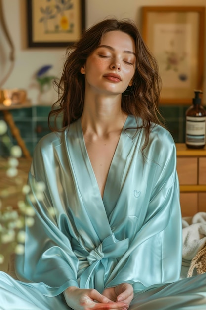 Фото Спокойная молодая женщина в шелковом платье наслаждается спокойным и уютным утром дома