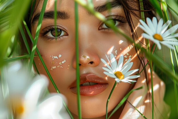 Serene Young Woman Peering Through Lush Greenery with Vibrant Daisy Flowers Peaceful Facial