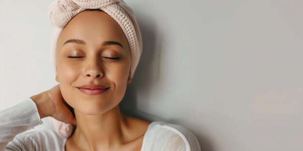 Foto una giovane donna serena con un turbante rosa che sorride dolcemente