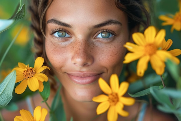 은 날 에 활기찬 노란 꽃 들 에 둘러싸인 평온 한 젊은 여자