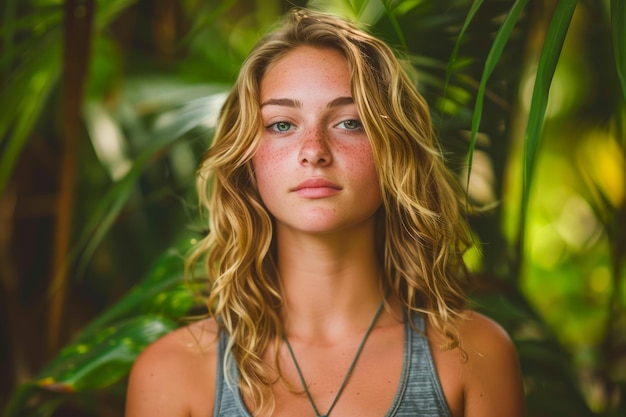 Спокойная молодая женщина с кудрявыми блондинками позирует на пышном зеленом тропическом фоне.