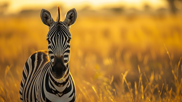 Serene zebra in golden grasses at dusk wildlife in natural habitat captured in soft light perfect for posters educational use AI