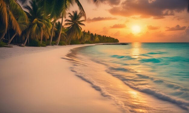 Serene zeezonsondergang met gouden strand en palmen