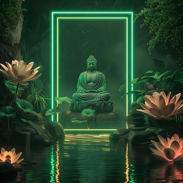 Фото Серьёзная дзен-садок аркальная рама с спокойными прудами и медитацией неоновый цветный фон художественная коллекция