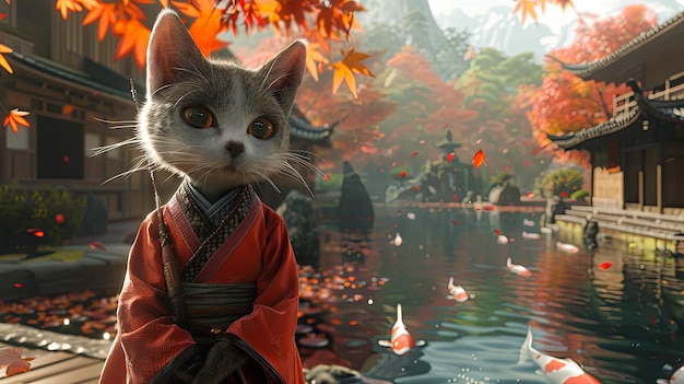 In a serene Zen garden a cat in a ronin outfit contemplates a koi pond the air filled with peace