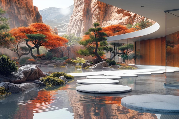 Photo a serene zen garden on mars blending traditional japanese aesthetics with futuristic terraforming technique ai generative