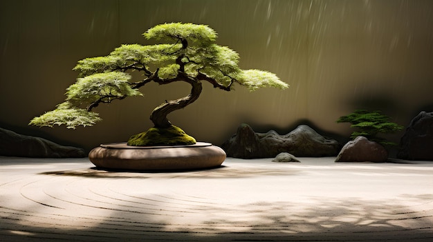 Photo a serene zen garden with meticulously raked sand pattern