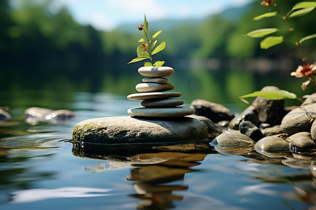 Безмятежный дзен-оазис, духовно возвышающий, уравновешенное каменное искусство, спокойная атмосфера природы.