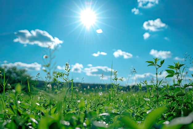 Serene zomer achtergrond met blauwe hemel groen en zonneschijn Rustige zomer scène met heldere blauwe hemel weelderig groen en heldere zonneschijf