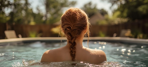 Serene zomerdag Vrouw ontspant zich in het zwembad bij zonsondergang