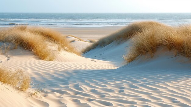Foto serene zomerstrandlandschap met zandduinen en beige planten zonlicht bokeh abstracte achtergrond