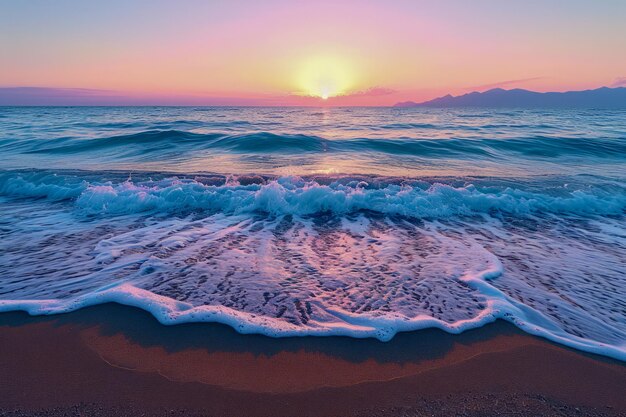 Serene zonsondergang over de golven van de oceaan met schilderachtige hemel en rustig strandlandschap Natuur Schoonheid